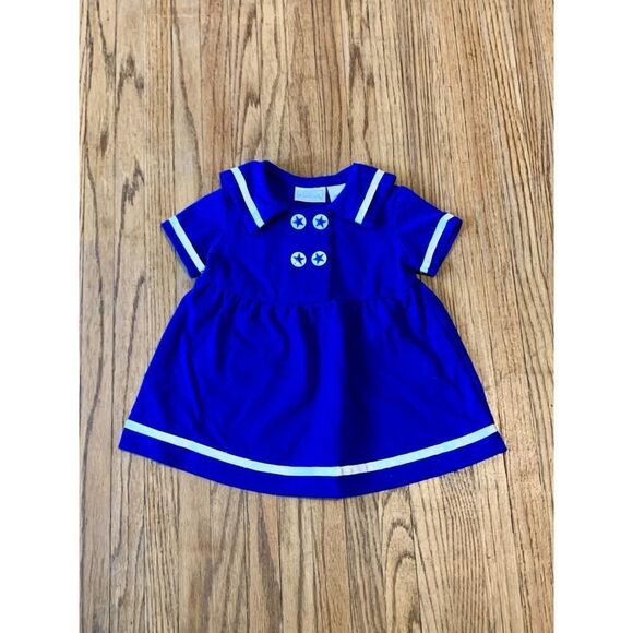 VTG 80s 90s Basic Editions Navy Blue Sailor Dress Nautical Buttons 12 mo Star - Picture 1 of 8